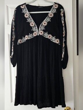 Black Embroidered Boho Summer Vacation Dress L Tiered Midi Vacay Resort